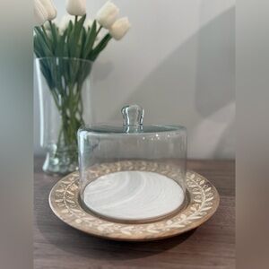 One of a Kind Glass Cloche Serving Tray with Wooden Base and Ceramic Plate